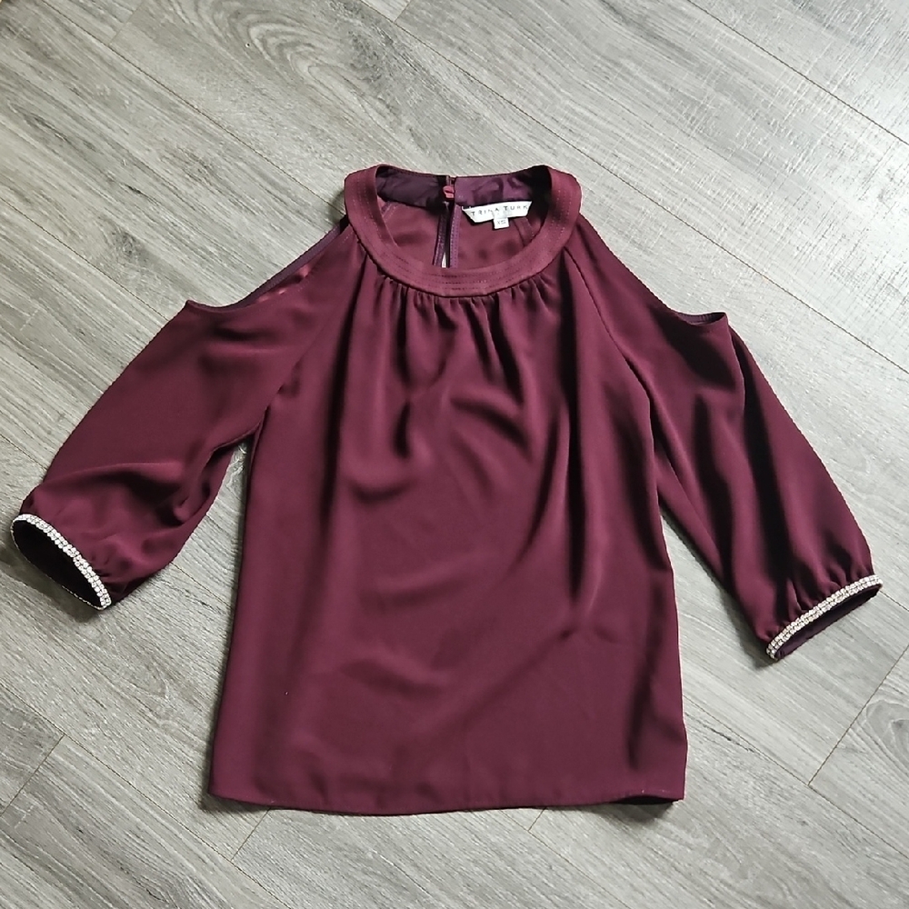 Trina Turk Rhinestone 3/4 Sleeve Cold Shoulder Dress Blouse XS